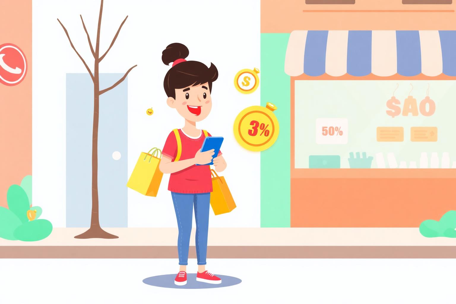 Shopper earning rewards and discovering local deals on a neighborhood street